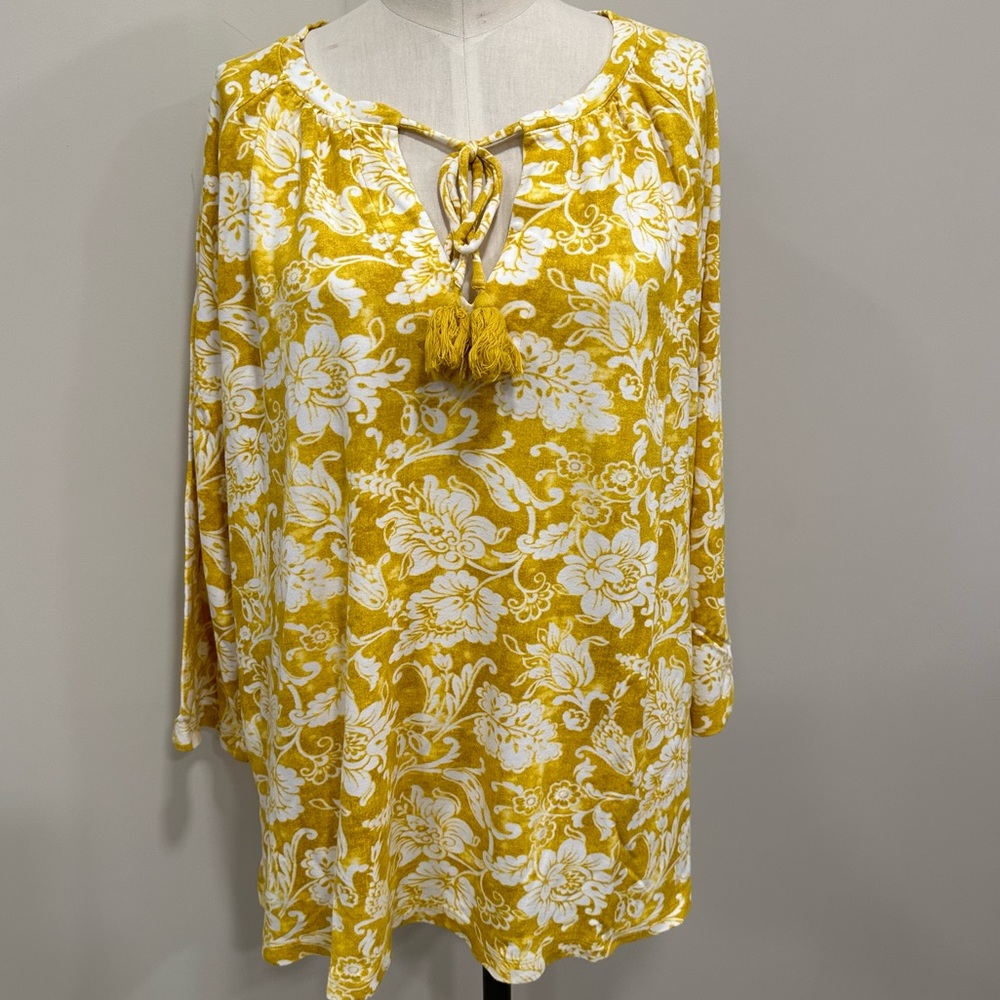 ISAAC MIZRAHI LIVE Top Floral Split Neck with Tie Top Yellow Size XL